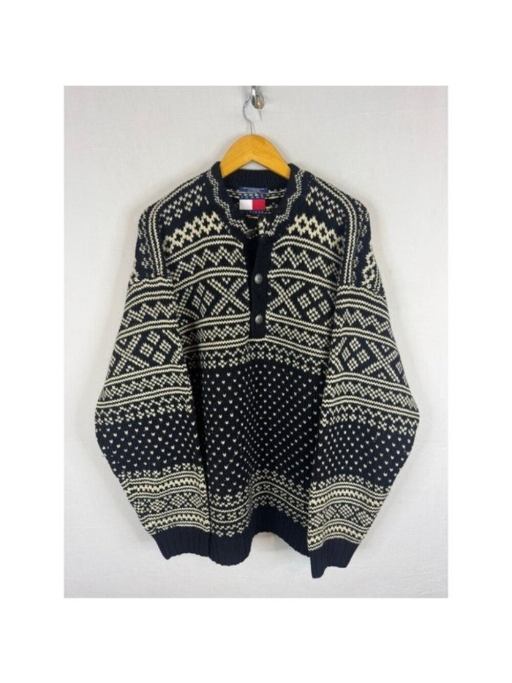 Tommy Hilfiger Vintage Fair Isle Wool Blend Henley Sweater Black Cream Mens L